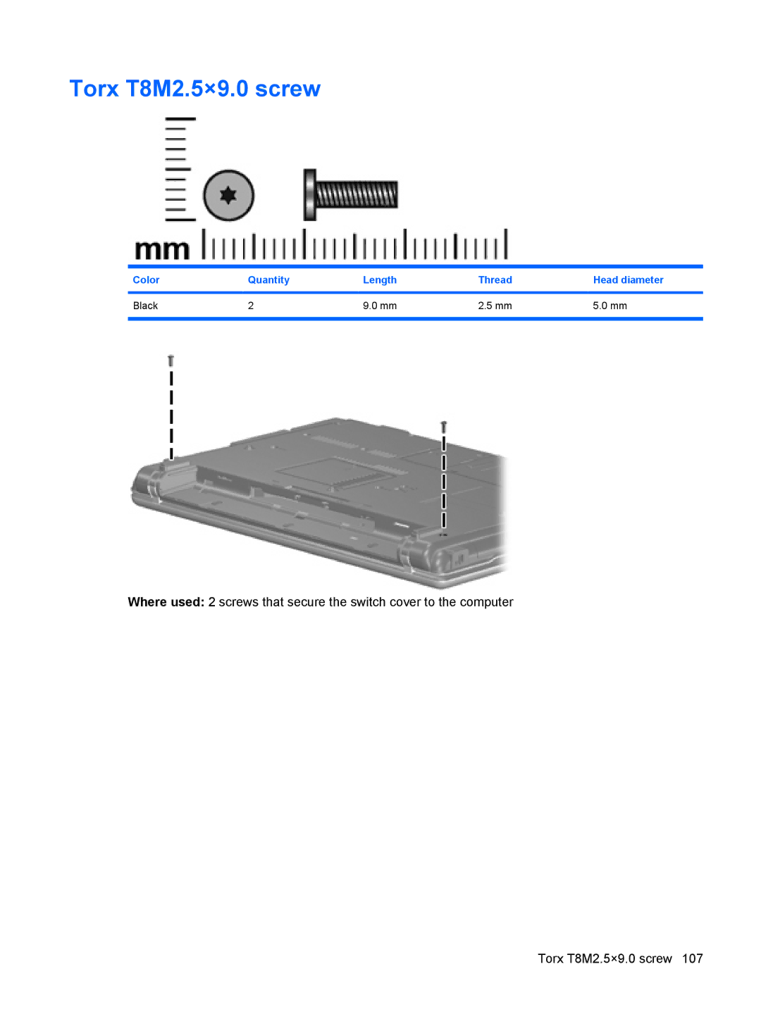 HP 550 manual Torx T8M2.5×9.0 screw, Color Quantity Length Thread Head diameter Black 