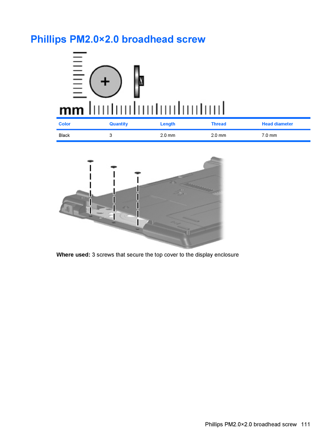 HP 550 manual Phillips PM2.0×2.0 broadhead screw 