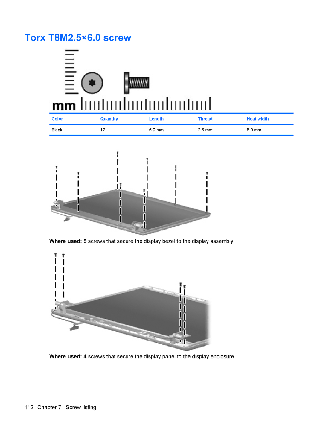 HP 550 manual Torx T8M2.5×6.0 screw, Color Quantity Length Thread Heat width Black 