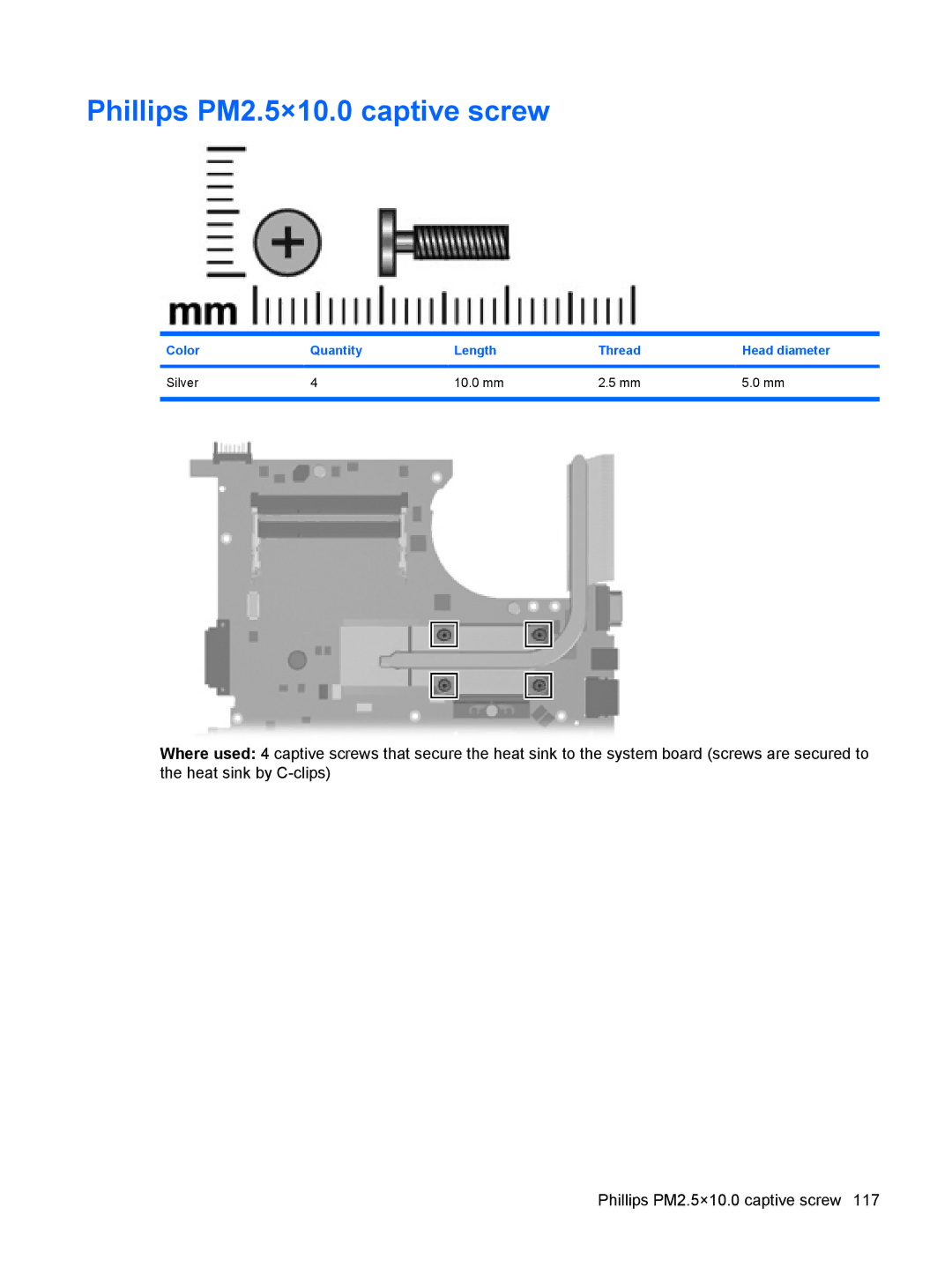 HP 550 manual Phillips PM2.5×10.0 captive screw, Color Quantity Length Thread Head diameter Silver 10.0 mm 