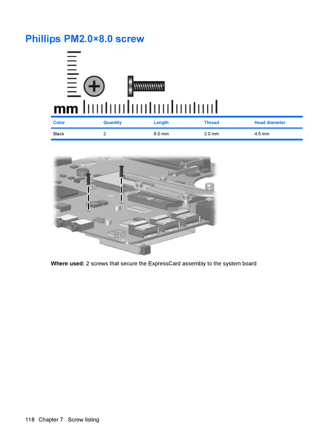HP 550 manual Phillips PM2.0×8.0 screw, Color Quantity Length Thread Head diameter Black 