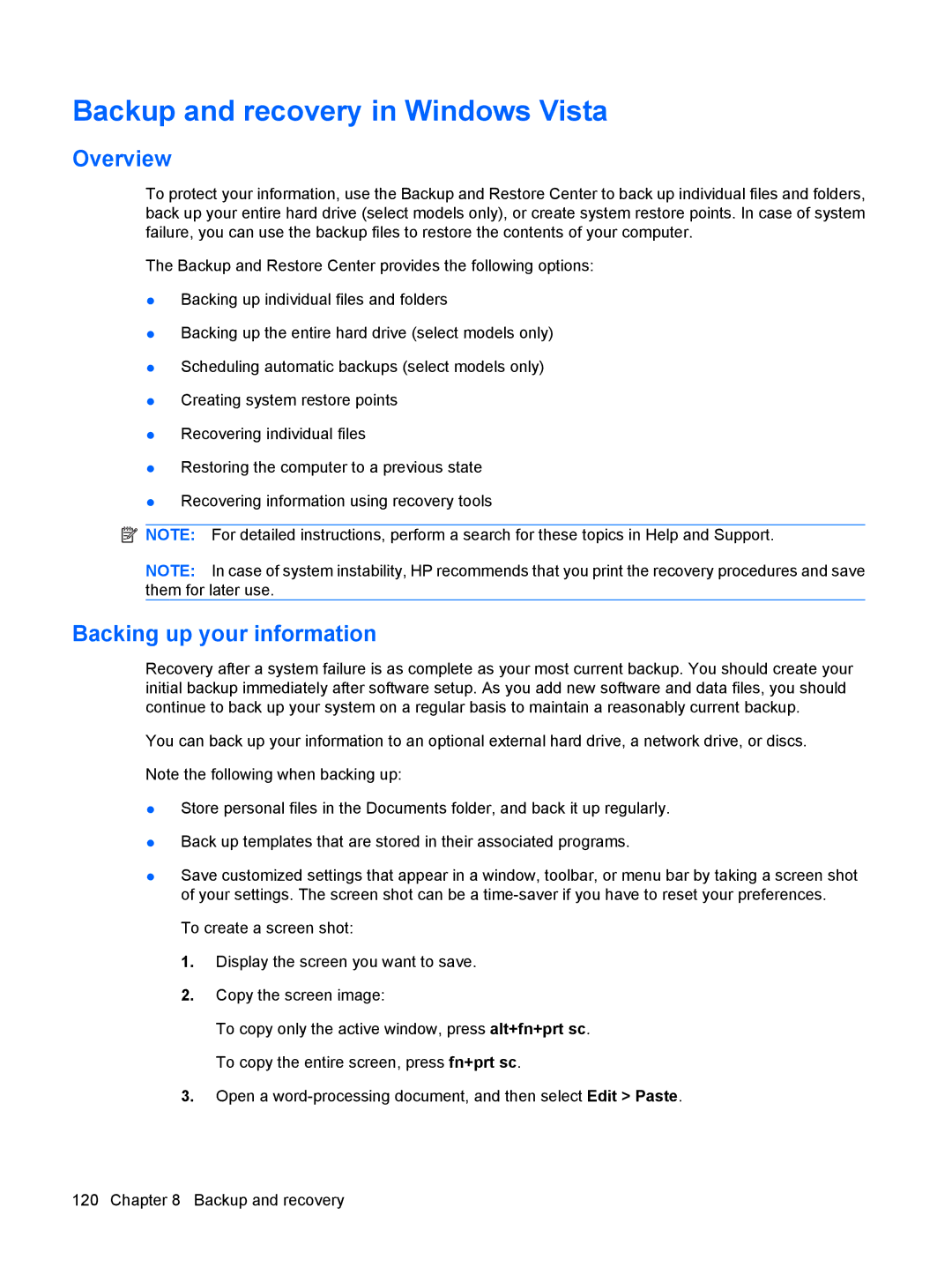 HP 550 manual Backup and recovery in Windows Vista, Overview, Backing up your information 