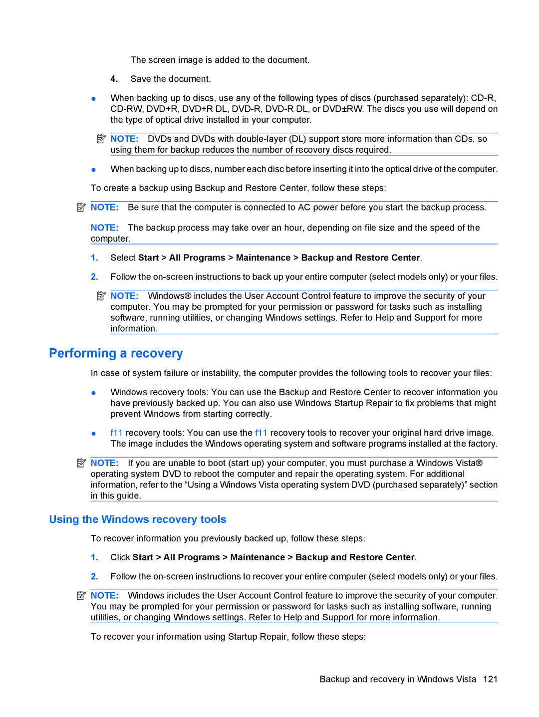 HP 550 manual Performing a recovery, Using the Windows recovery tools 