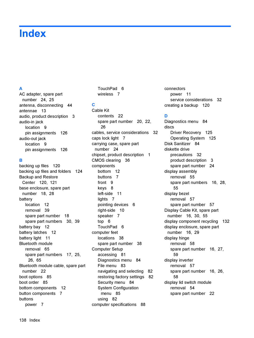 HP 550 manual Index 