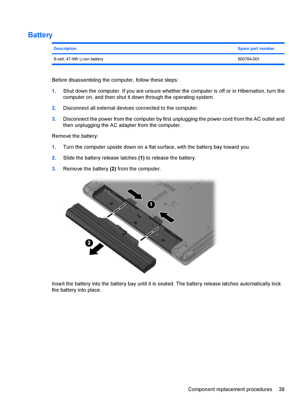 HP 550 manual Battery, Description Spare part number 