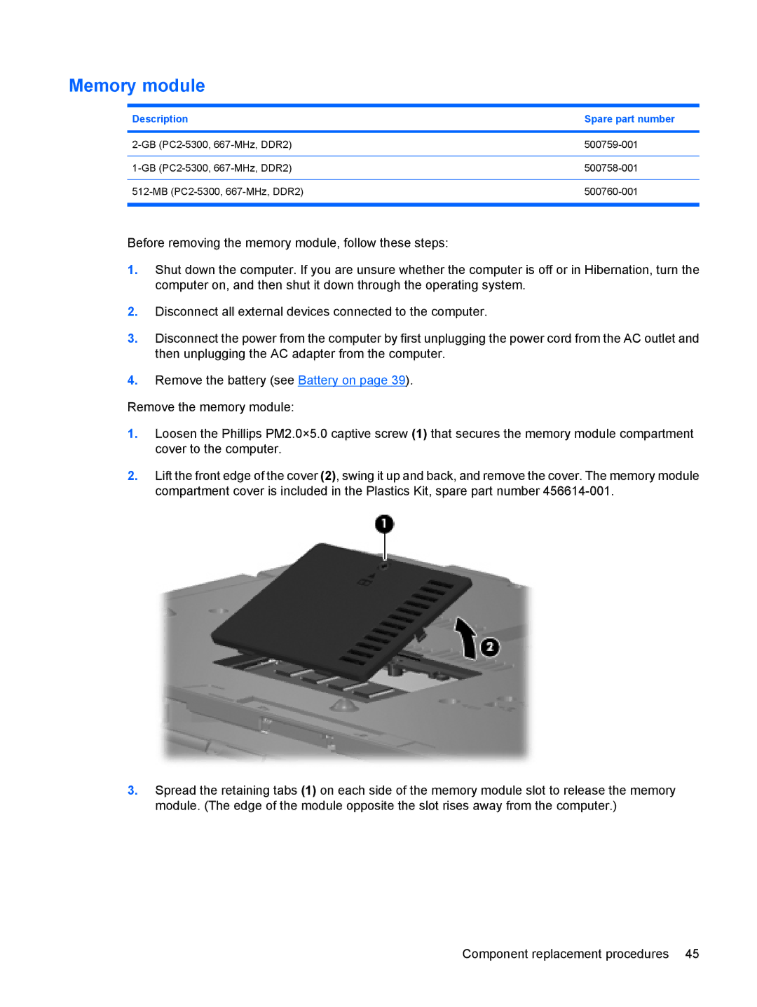 HP 550 manual Memory module 