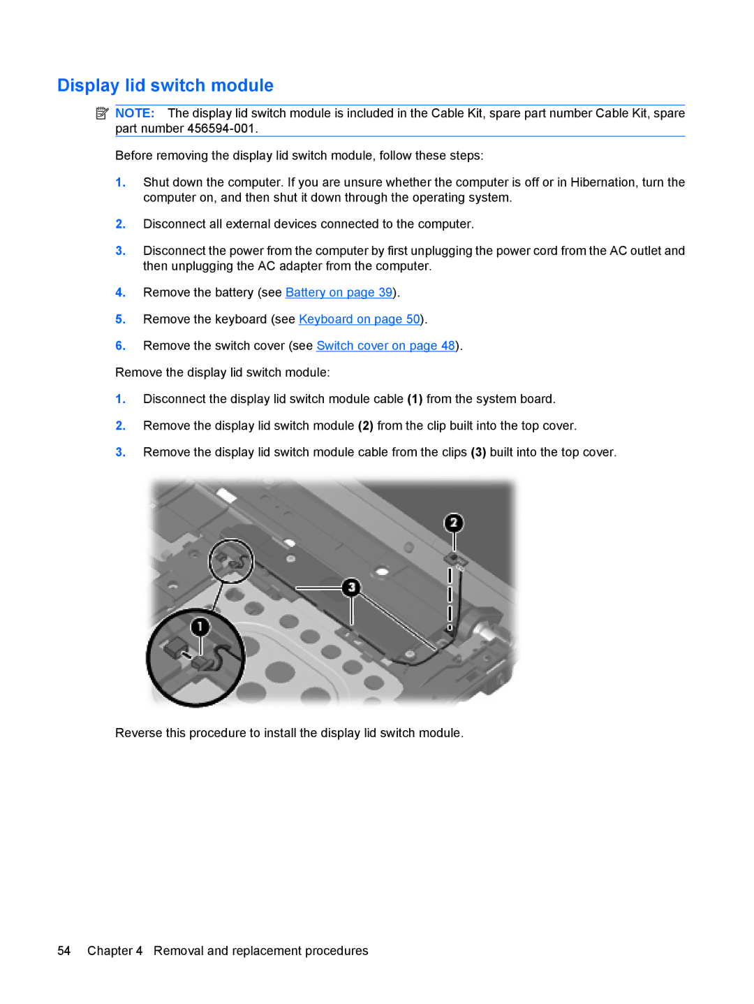 HP 550 manual Display lid switch module 