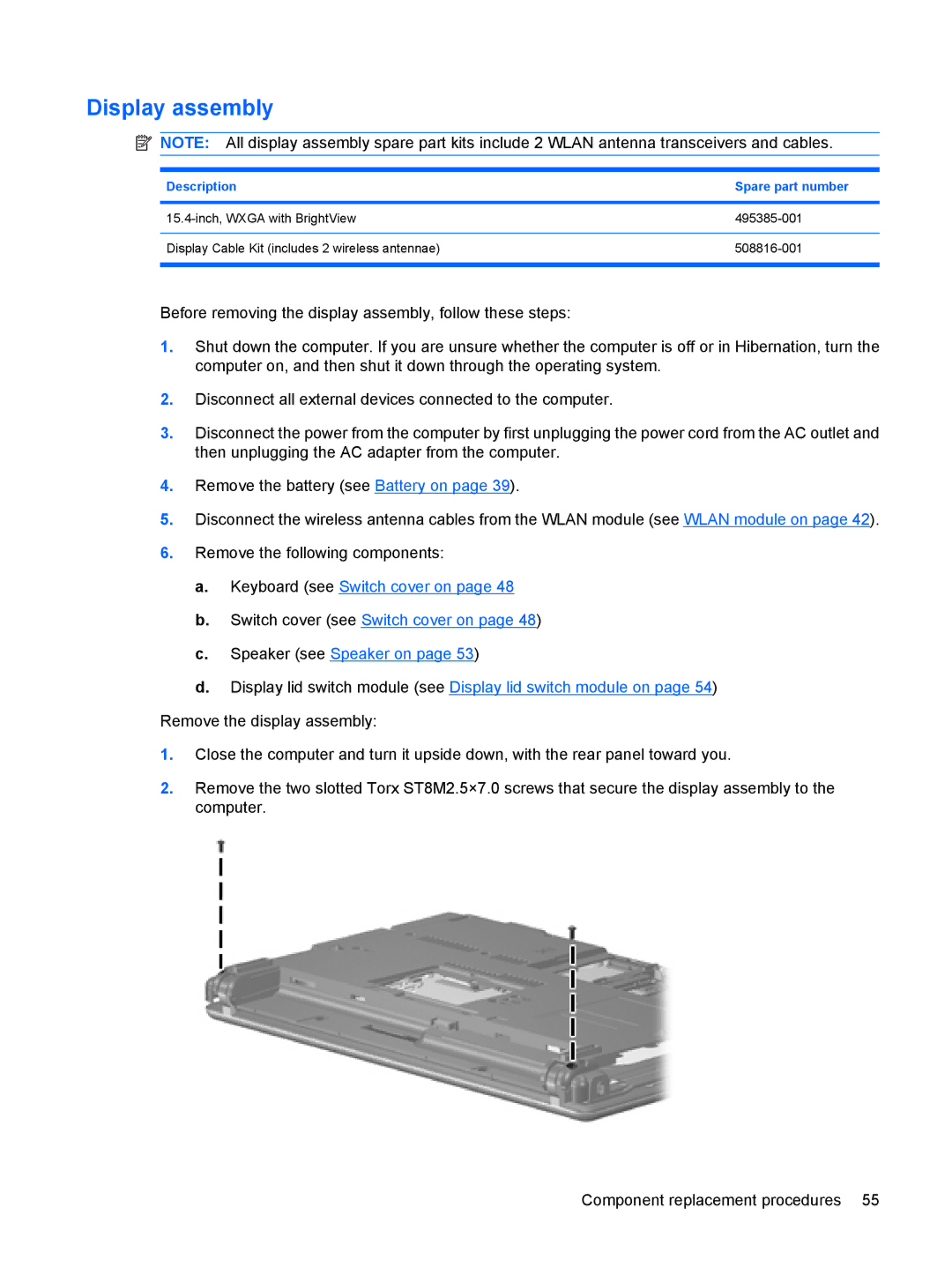 HP 550 manual Display assembly, Description Spare part number 