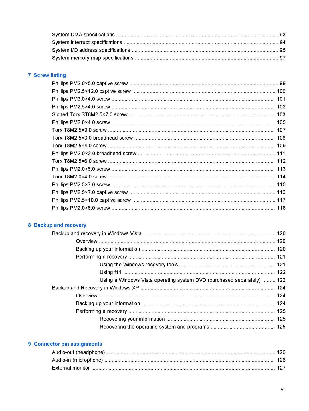 HP 550 manual Screw listing 