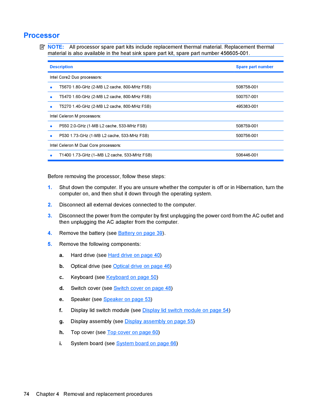 HP 550 manual Processor, Description Spare part number 