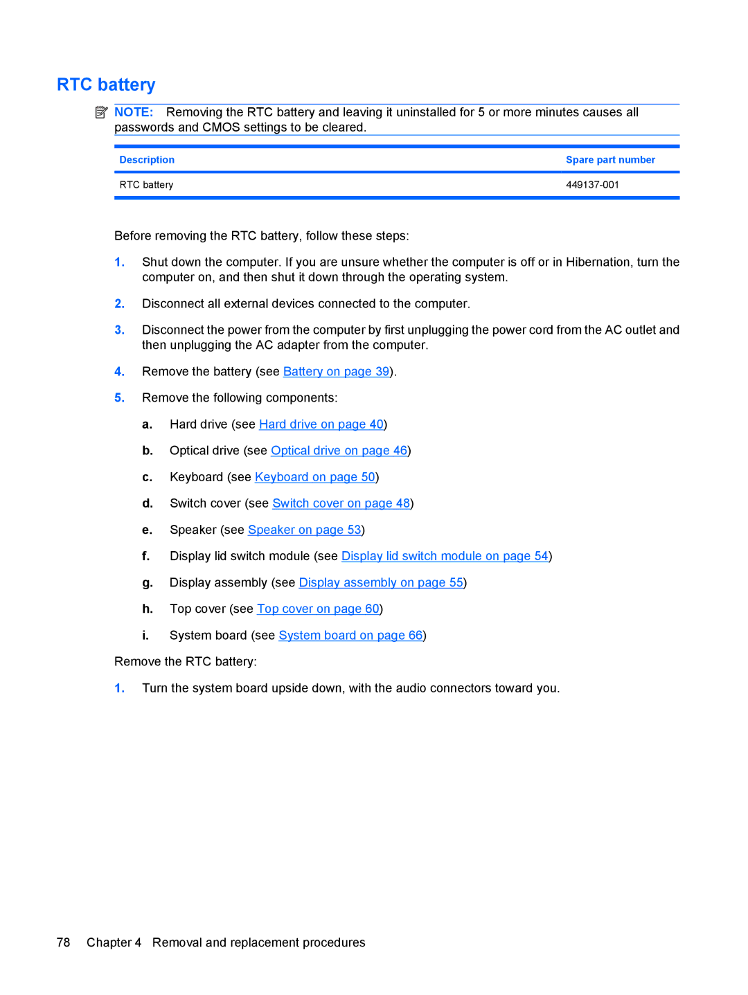 HP 550 manual Description Spare part number RTC battery 449137-001 