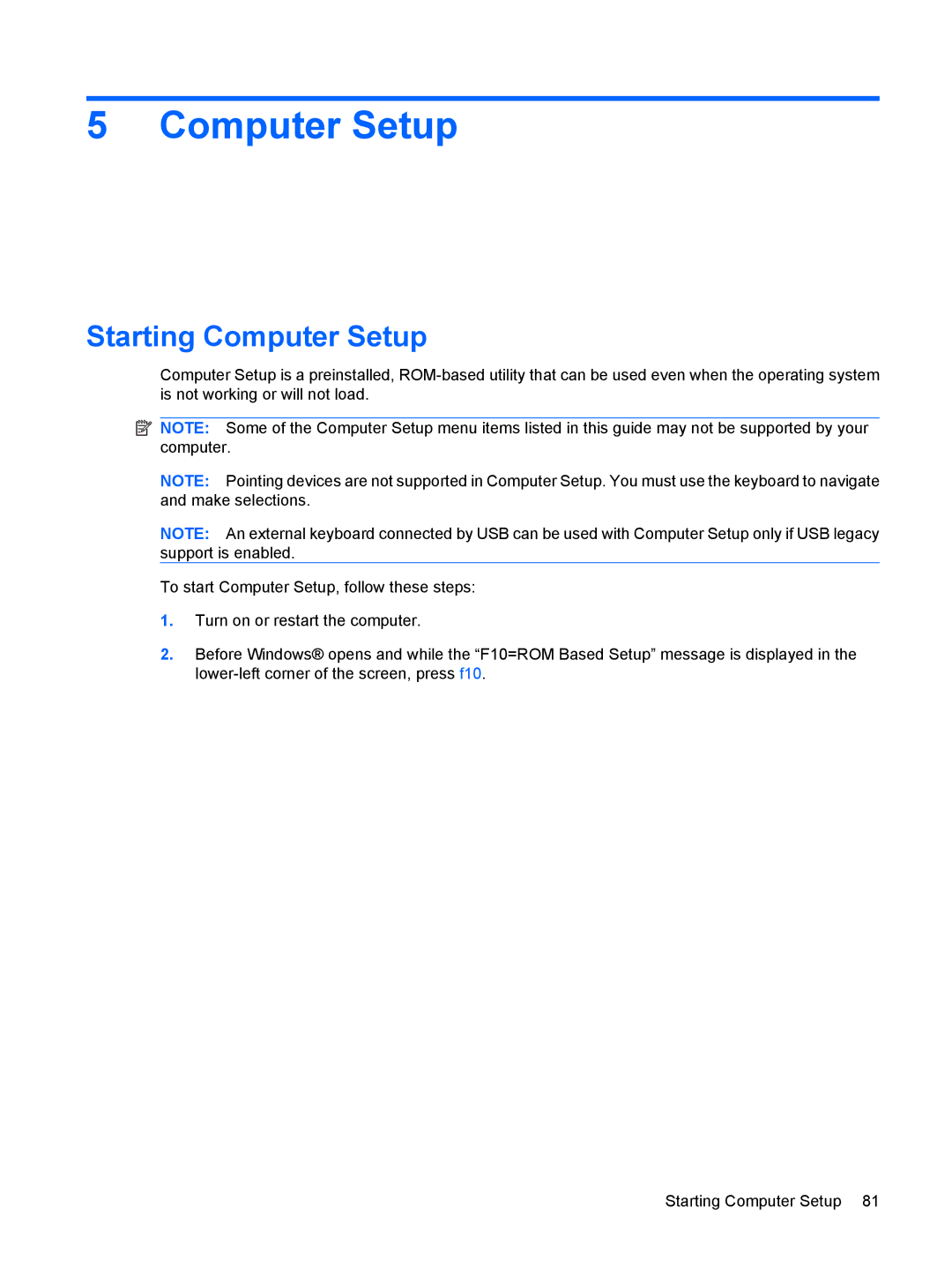 HP 550 manual Starting Computer Setup 