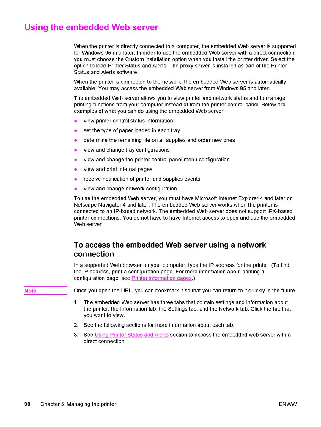 HP 5500 manual Using the embedded Web server, To access the embedded Web server using a network connection 