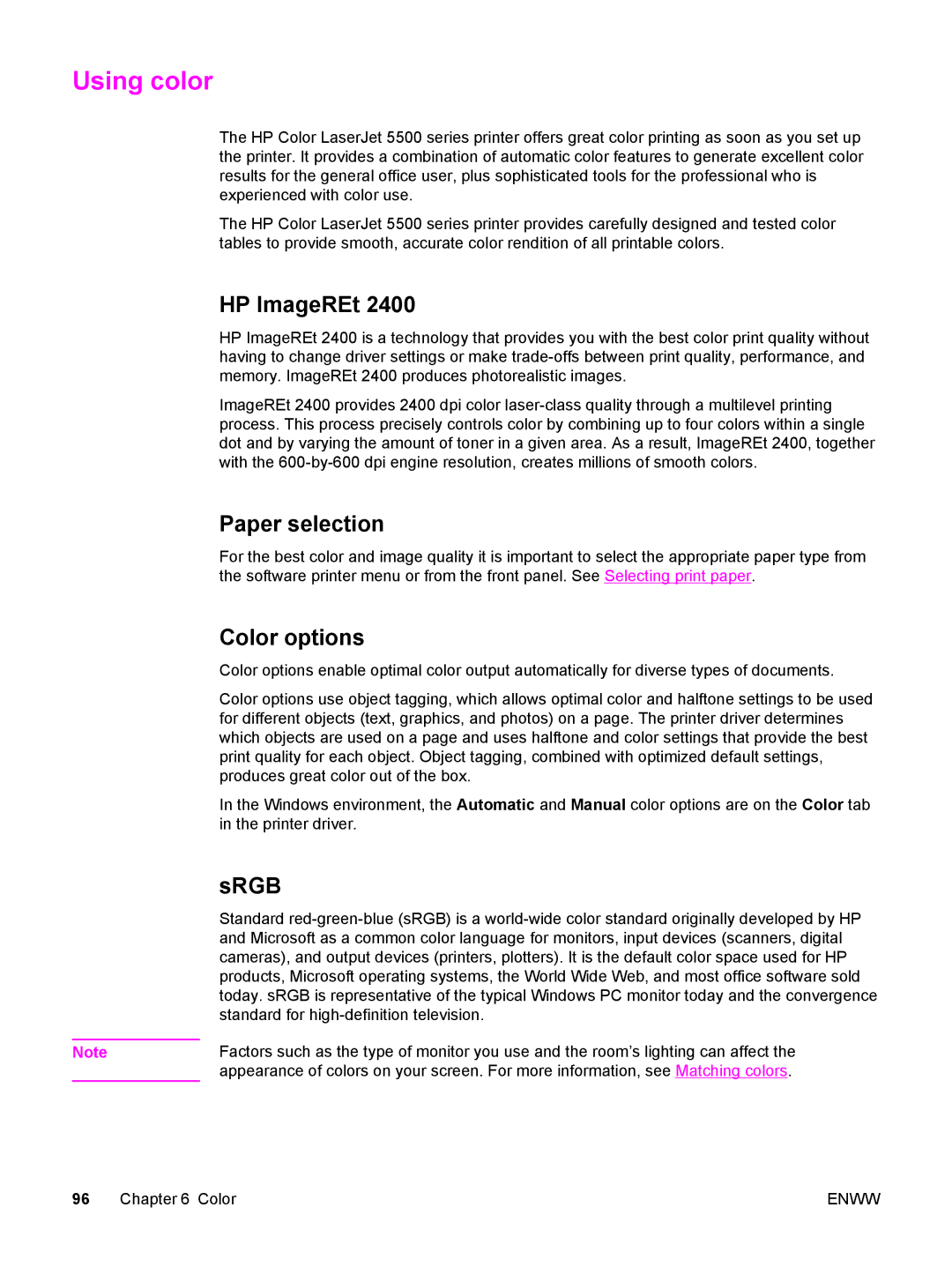 HP 5500 manual Using color, HP ImageREt, Paper selection, Color options, Srgb 