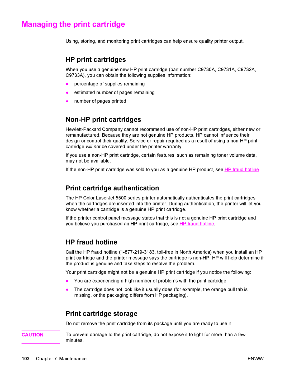 HP 5500 manual Managing the print cartridge 