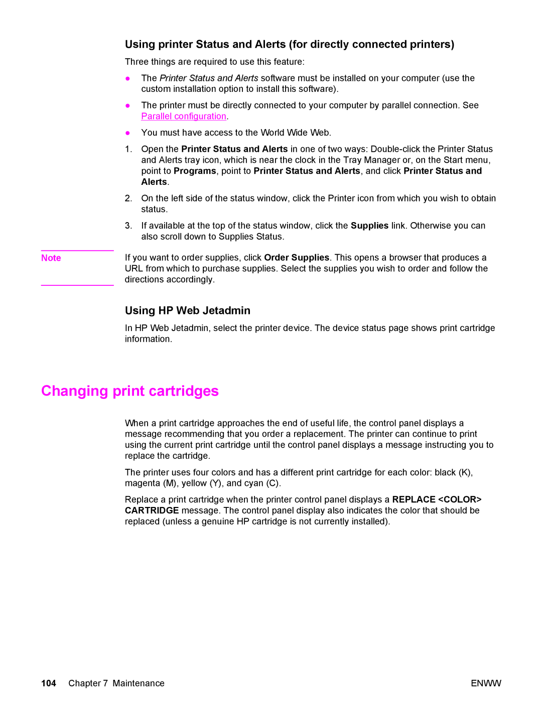 HP 5500 manual Changing print cartridges, Using HP Web Jetadmin 