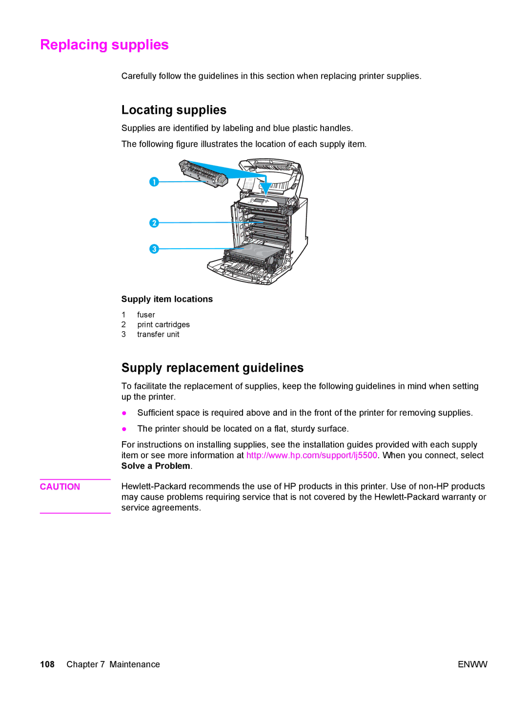 HP 5500 manual Replacing supplies, Locating supplies, Supply replacement guidelines, Supply item locations 