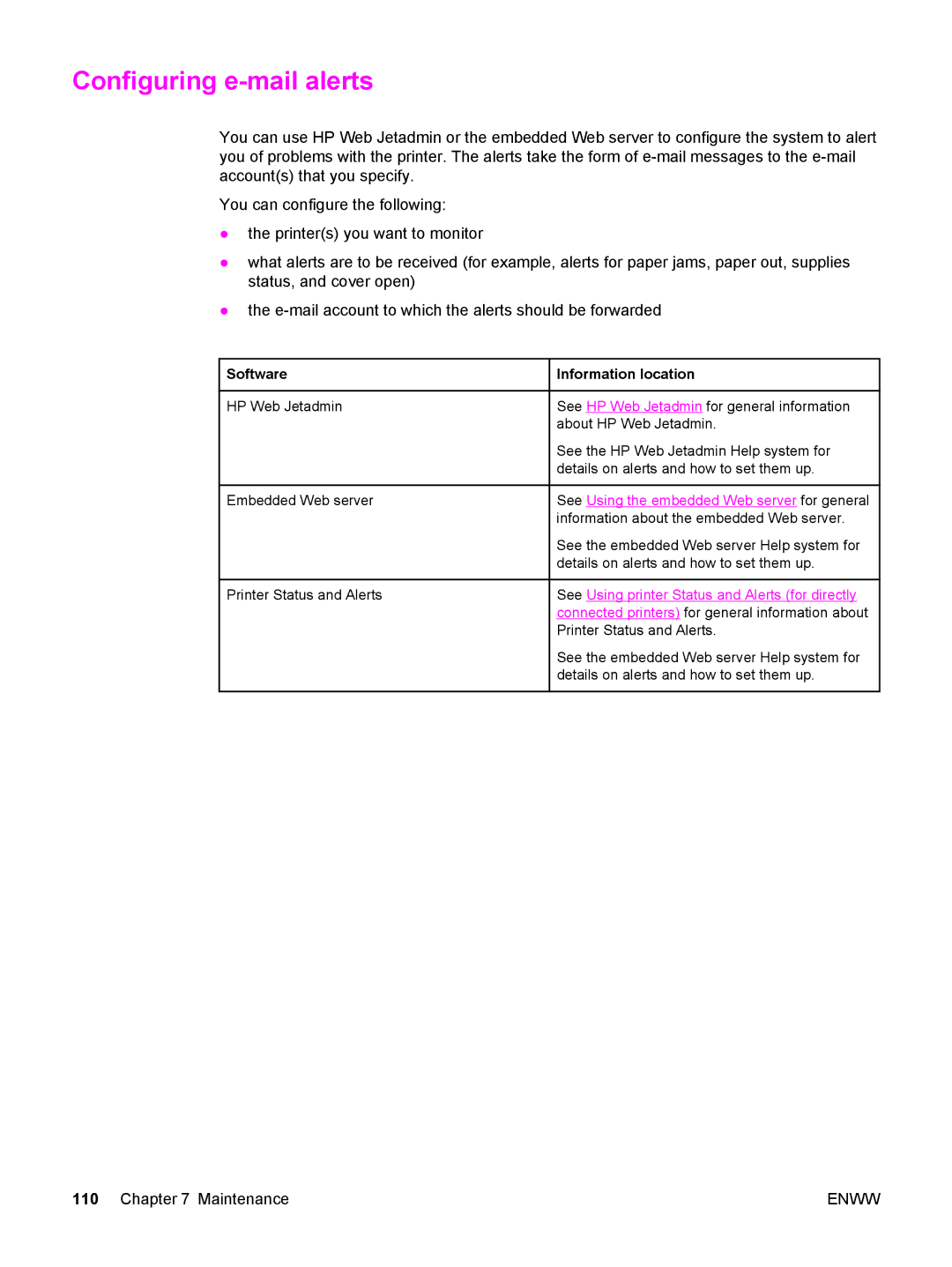 HP 5500 manual Configuring e-mail alerts, Software Information location, See Using printer Status and Alerts for directly 