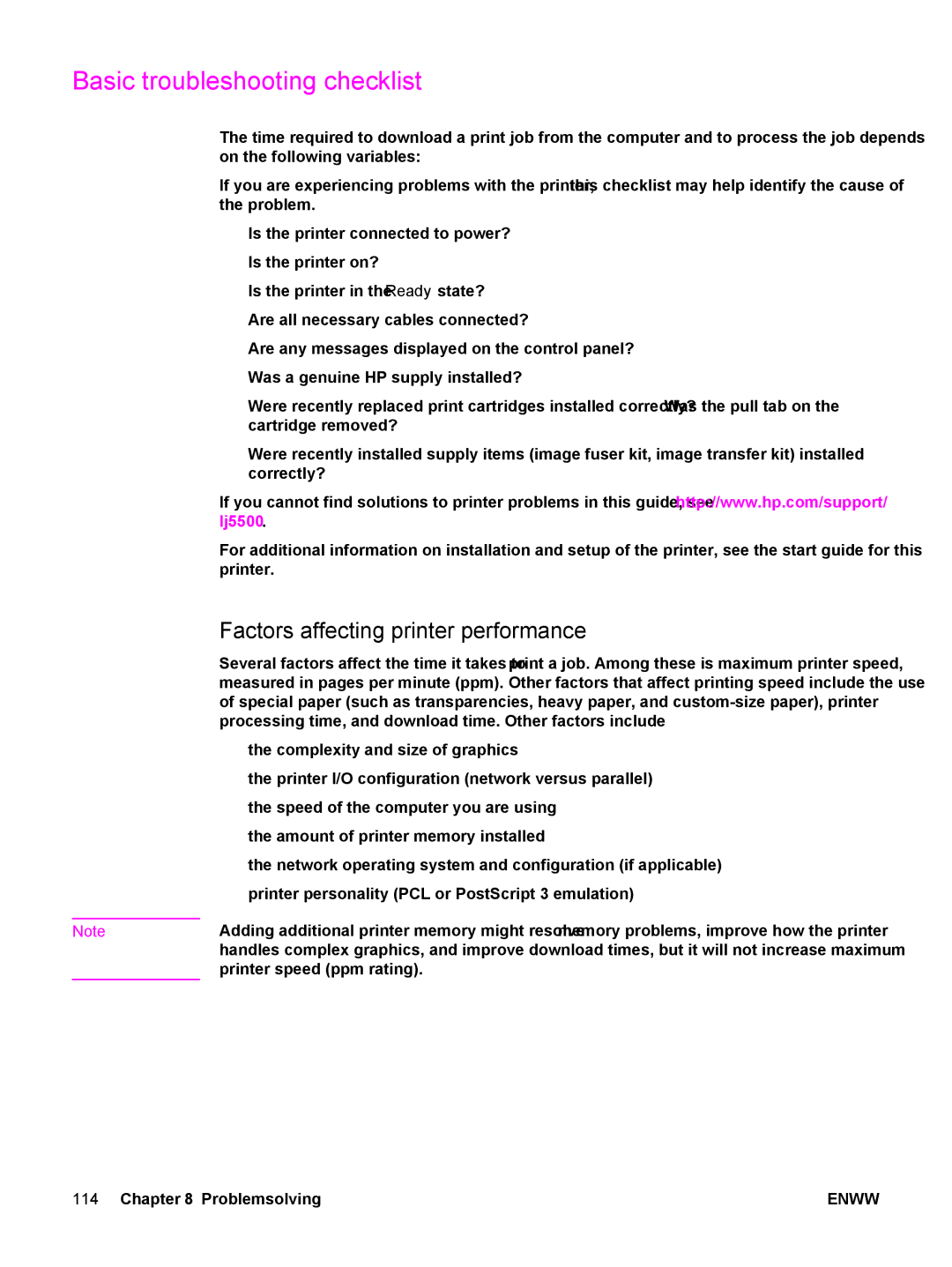 HP 5500 manual Basic troubleshooting checklist, Factors affecting printer performance 