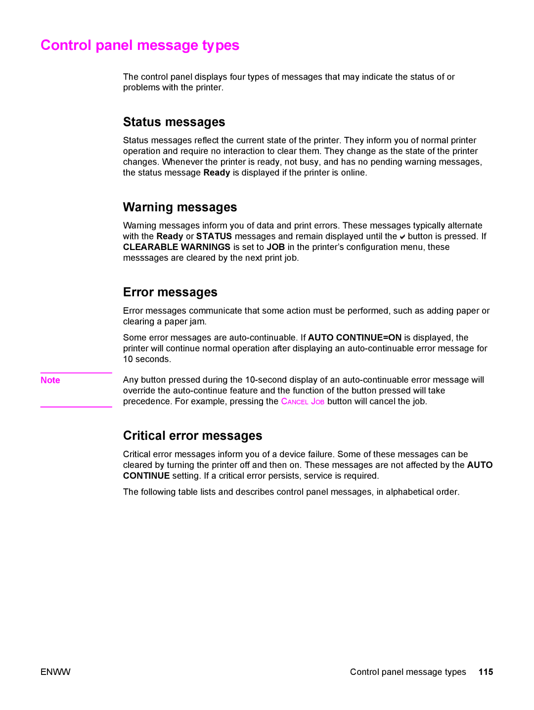 HP 5500 manual Control panel message types, Status messages, Error messages, Critical error messages 