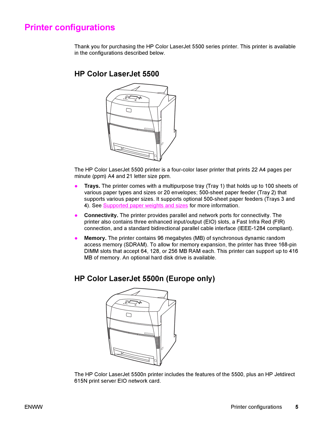 HP manual Printer configurations, HP Color LaserJet 5500n Europe only 