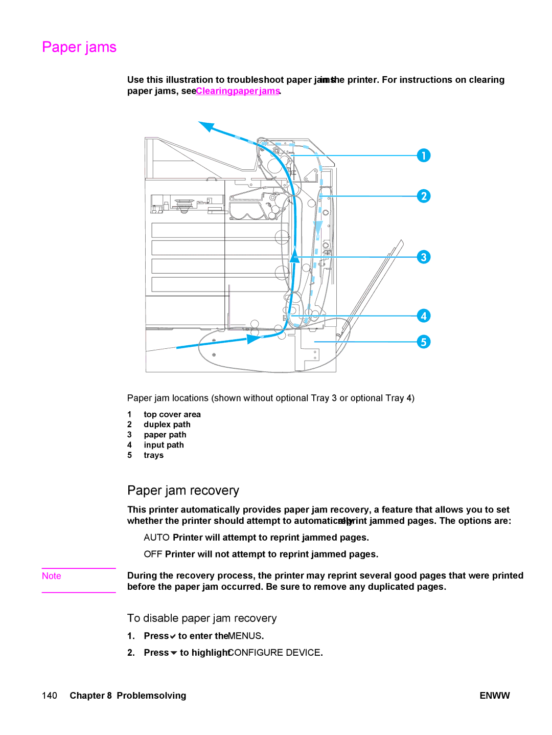 HP 5500 manual Paper jams, Paper jam recovery, To disable paper jam recovery 