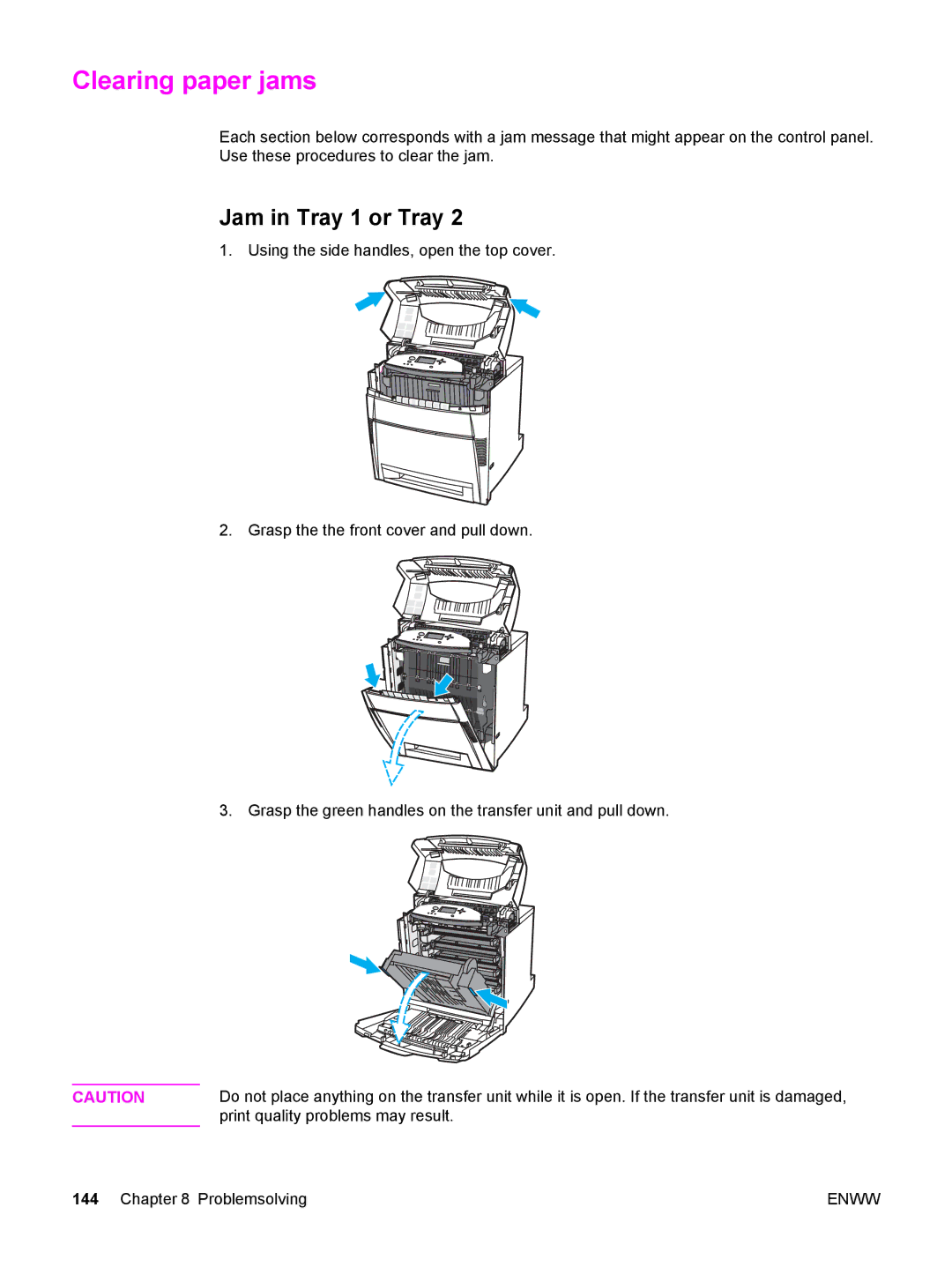 HP 5500 manual Clearing paper jams, Jam in Tray 1 or Tray 