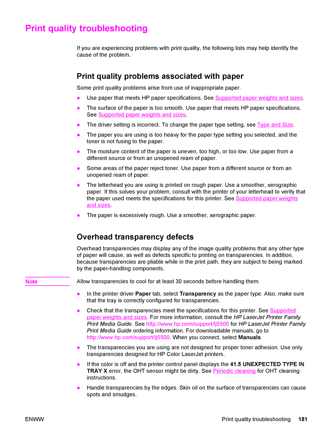 HP 5500 manual Print quality troubleshooting, Print quality problems associated with paper, Overhead transparency defects 