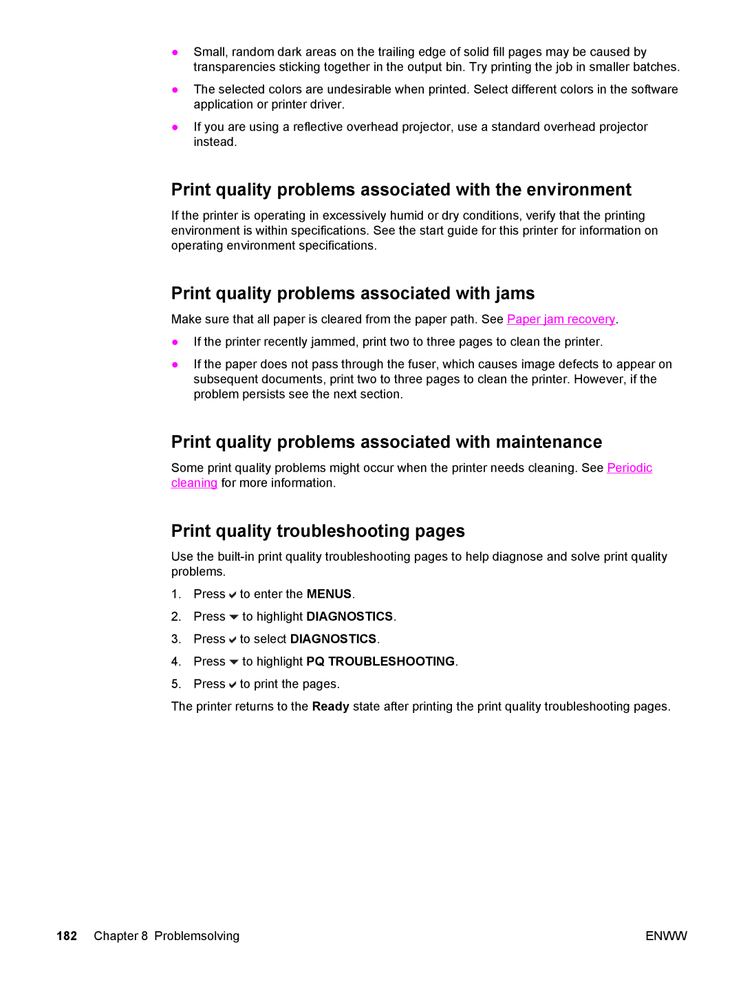 HP 5500 manual Print quality problems associated with the environment, Print quality problems associated with jams 