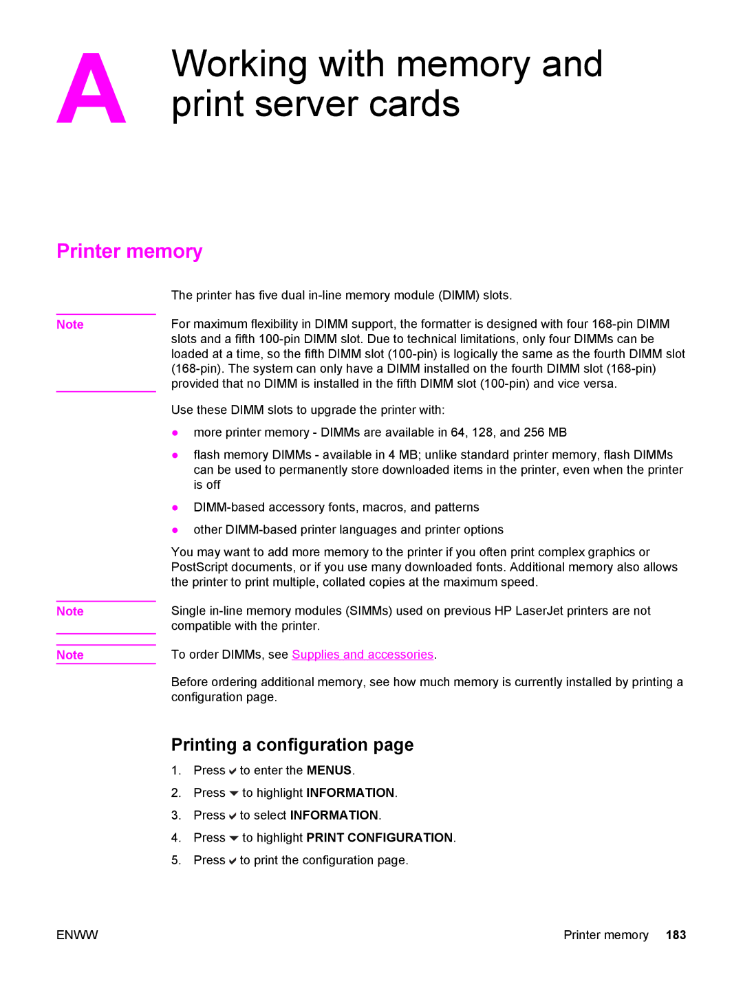 HP 5500 manual Working with memory, Print server cards, Printer memory, Printing a configuration 