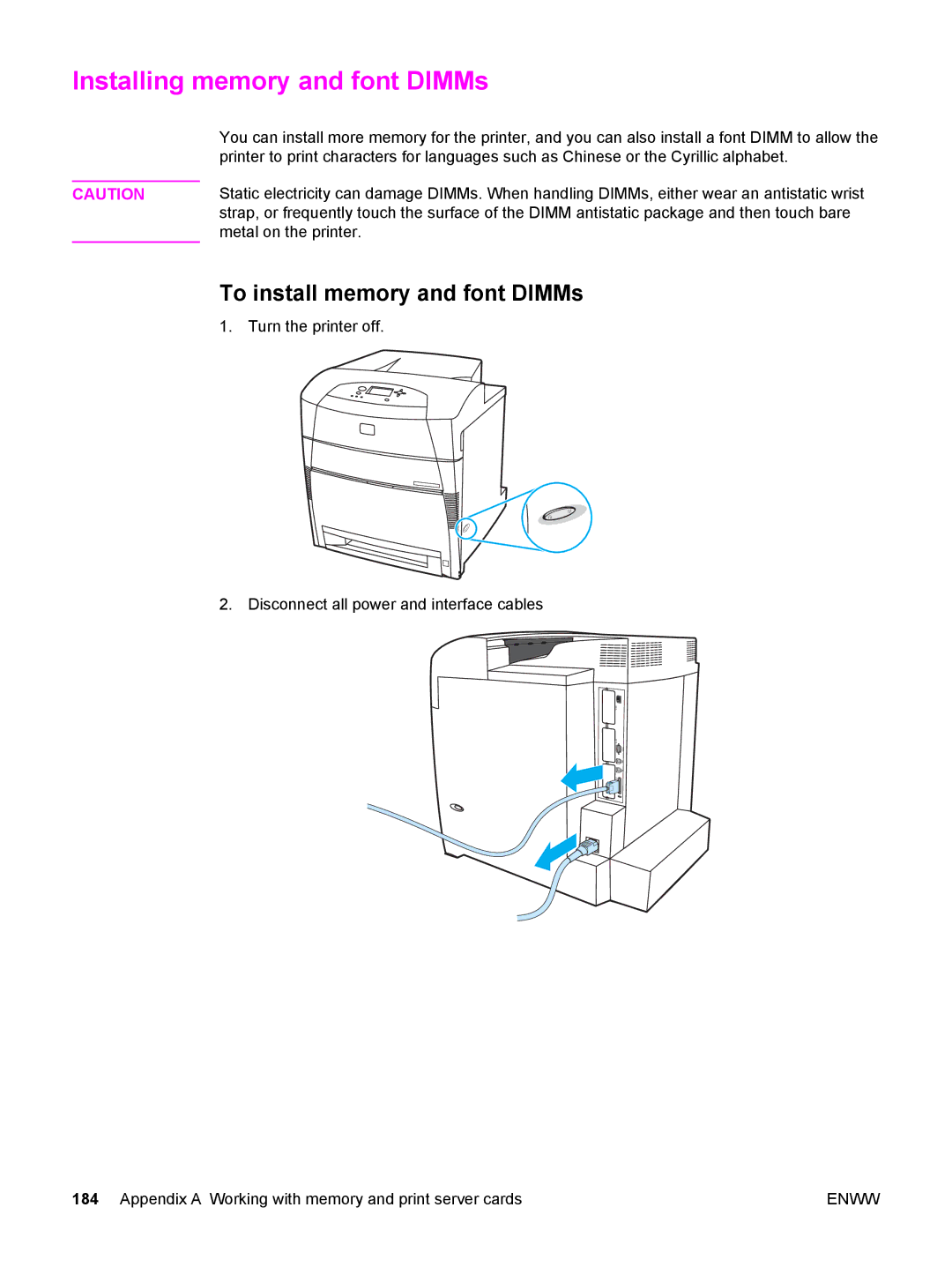 HP 5500 manual Installing memory and font DIMMs, To install memory and font DIMMs 