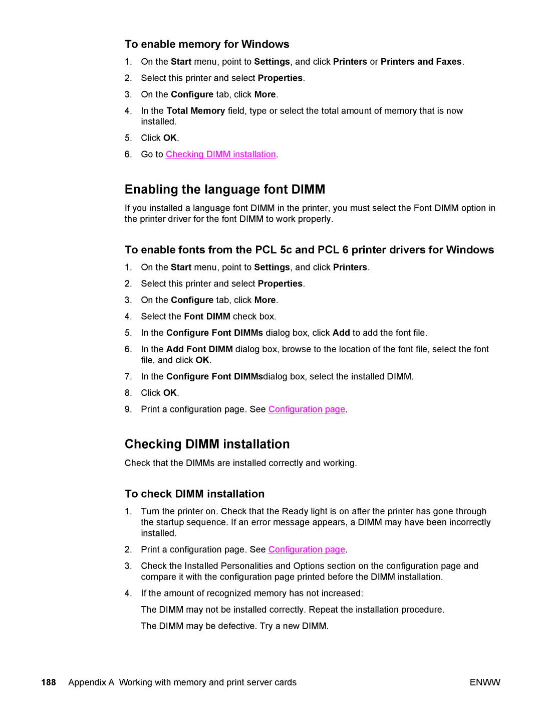 HP 5500 manual Enabling the language font Dimm, Checking Dimm installation, To enable memory for Windows 