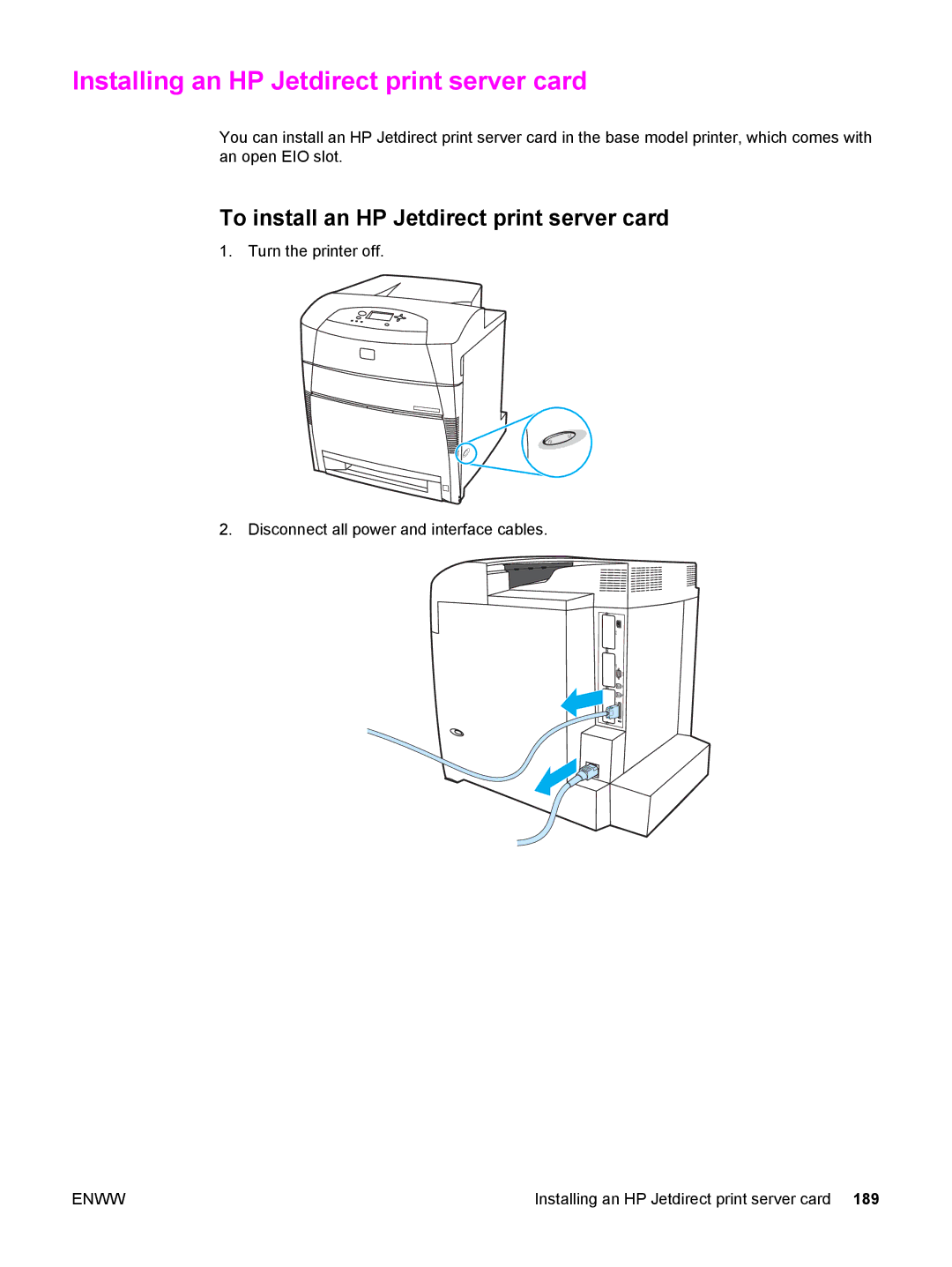 HP 5500 manual Installing an HP Jetdirect print server card, To install an HP Jetdirect print server card 