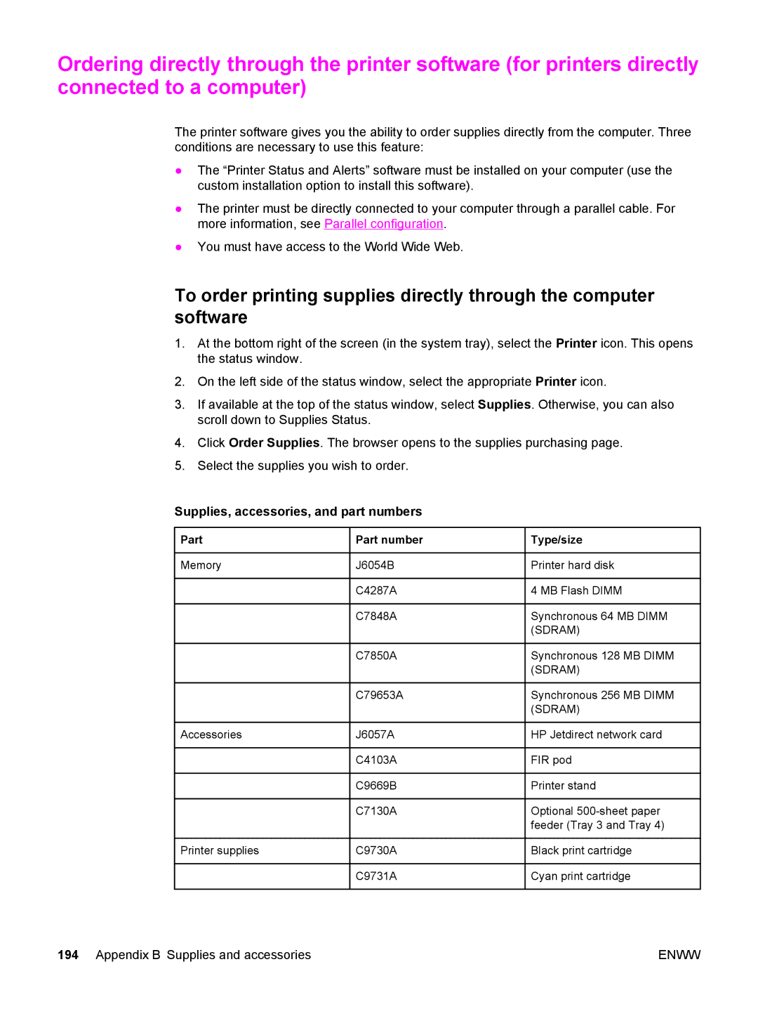 HP 5500 manual Supplies, accessories, and part numbers, Part Part number Type/size 