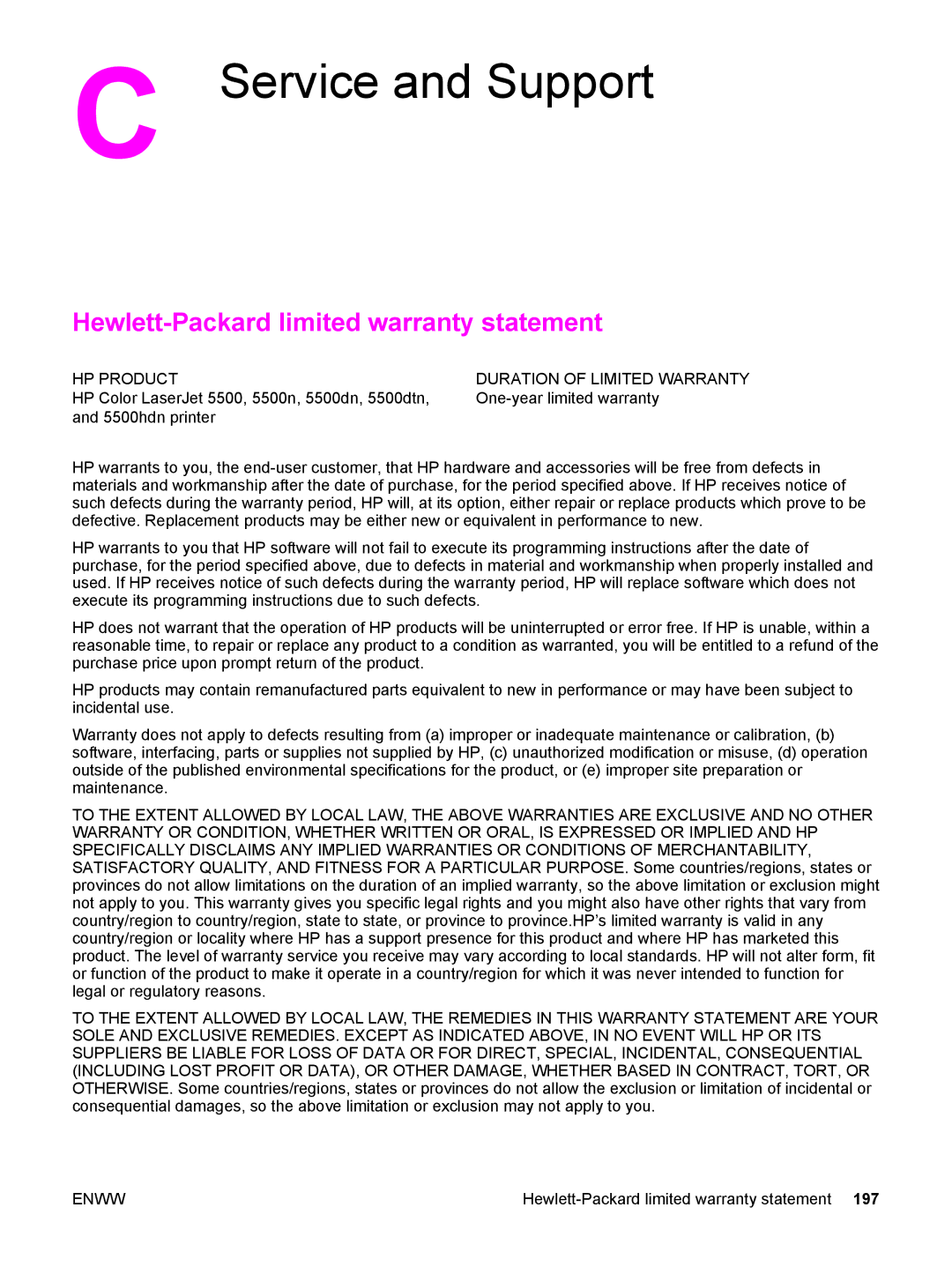 HP 5500 manual Service and Support, Hewlett-Packard limited warranty statement 