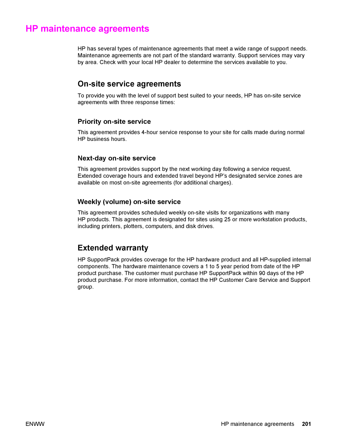 HP 5500 manual HP maintenance agreements, On-site service agreements, Extended warranty 