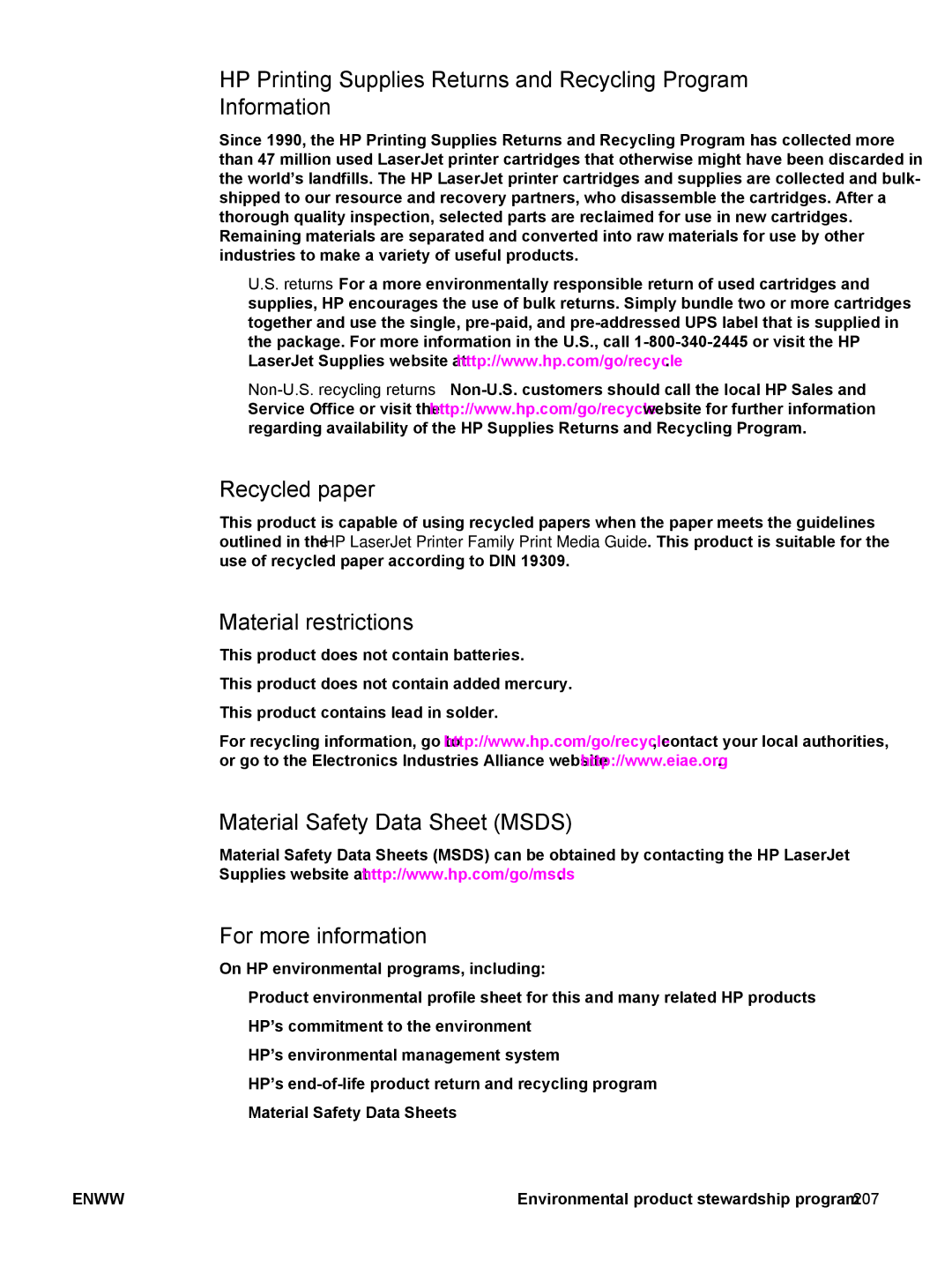 HP 5500 manual Material restrictions, Material Safety Data Sheet Msds For more information 