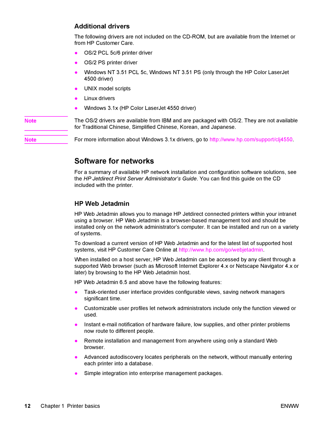 HP 5500 manual Software for networks, Additional drivers, HP Web Jetadmin 