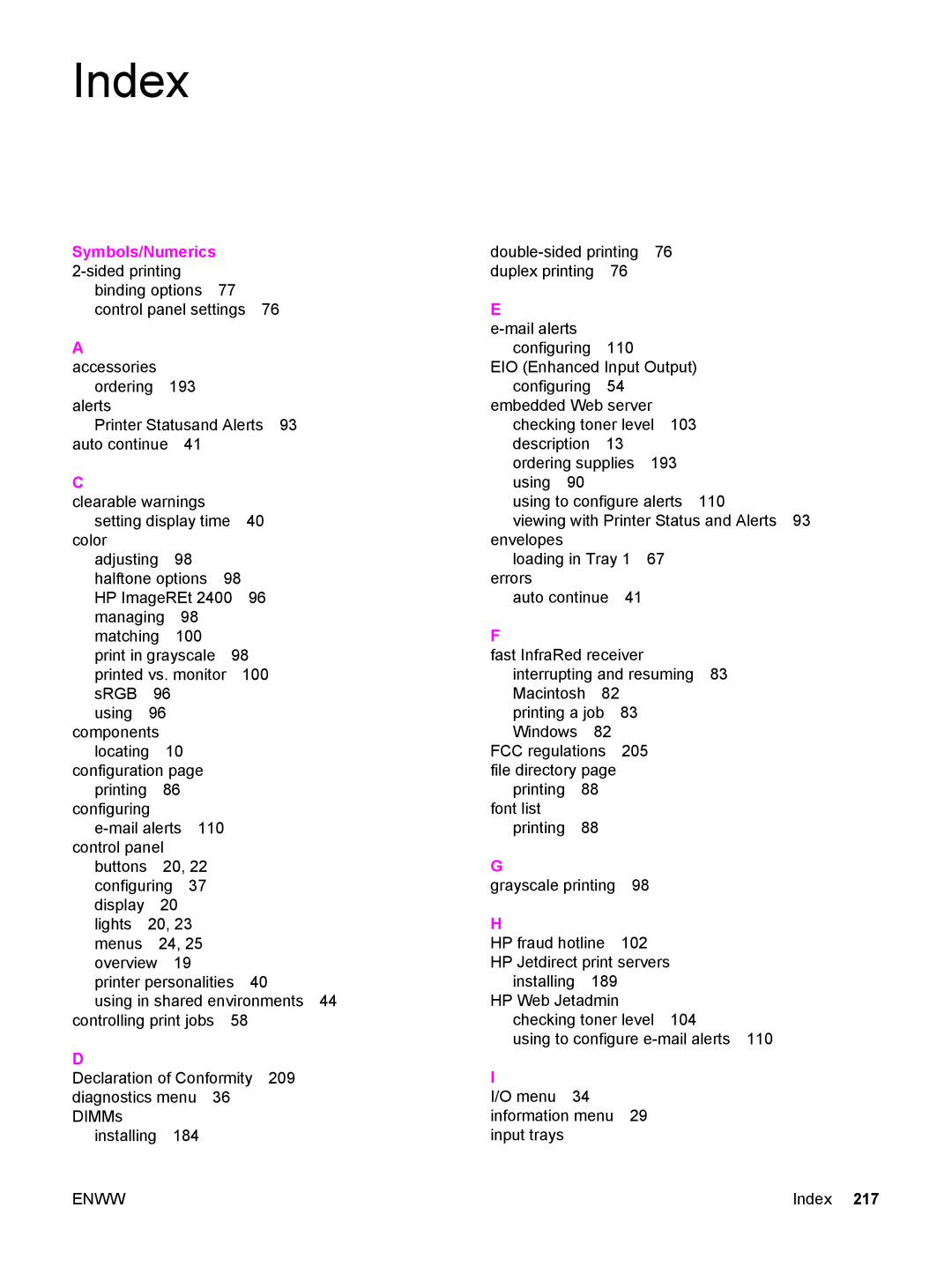 HP 5500 manual Index, Symbols/Numerics 