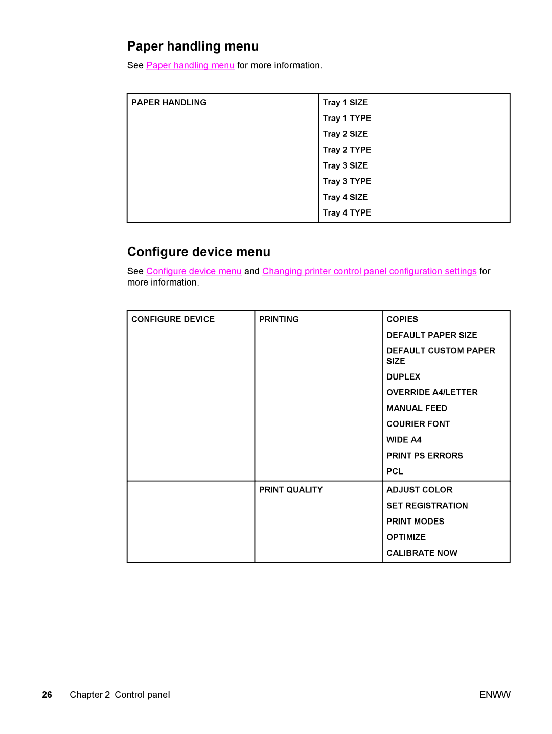 HP 5500 manual Paper handling menu, Configure device menu 