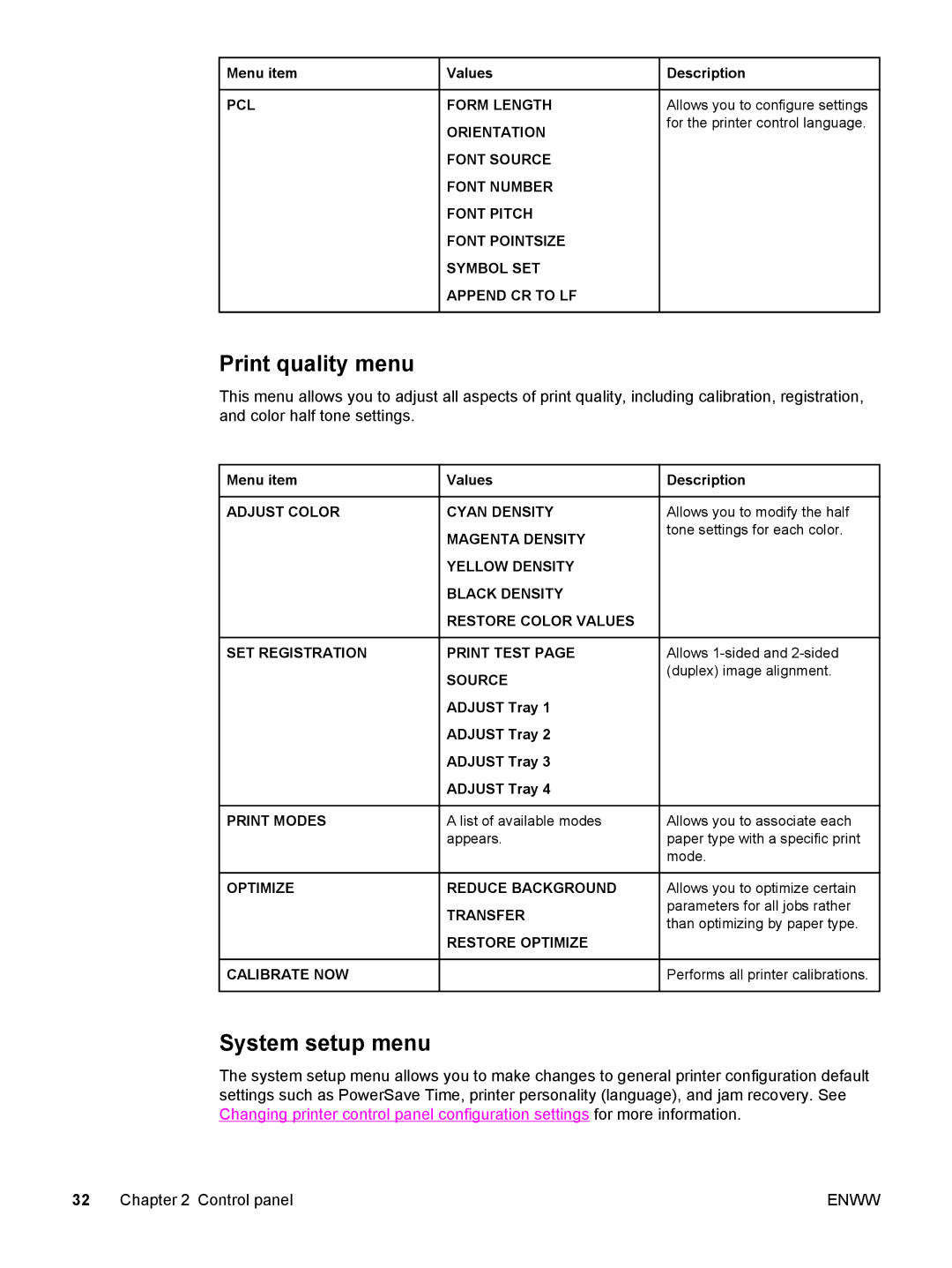 HP 5500 manual Print quality menu, System setup menu, Adjust Tray, List of available modes, Appears 