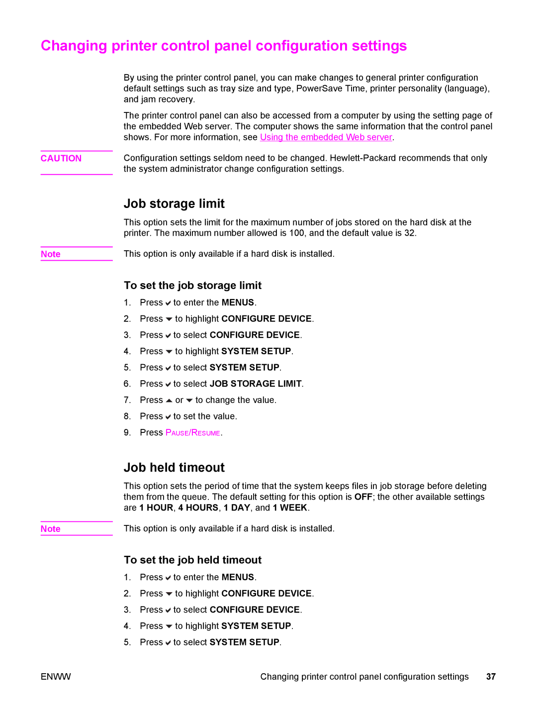 HP 5500 manual Changing printer control panel configuration settings, Job storage limit, Job held timeout 