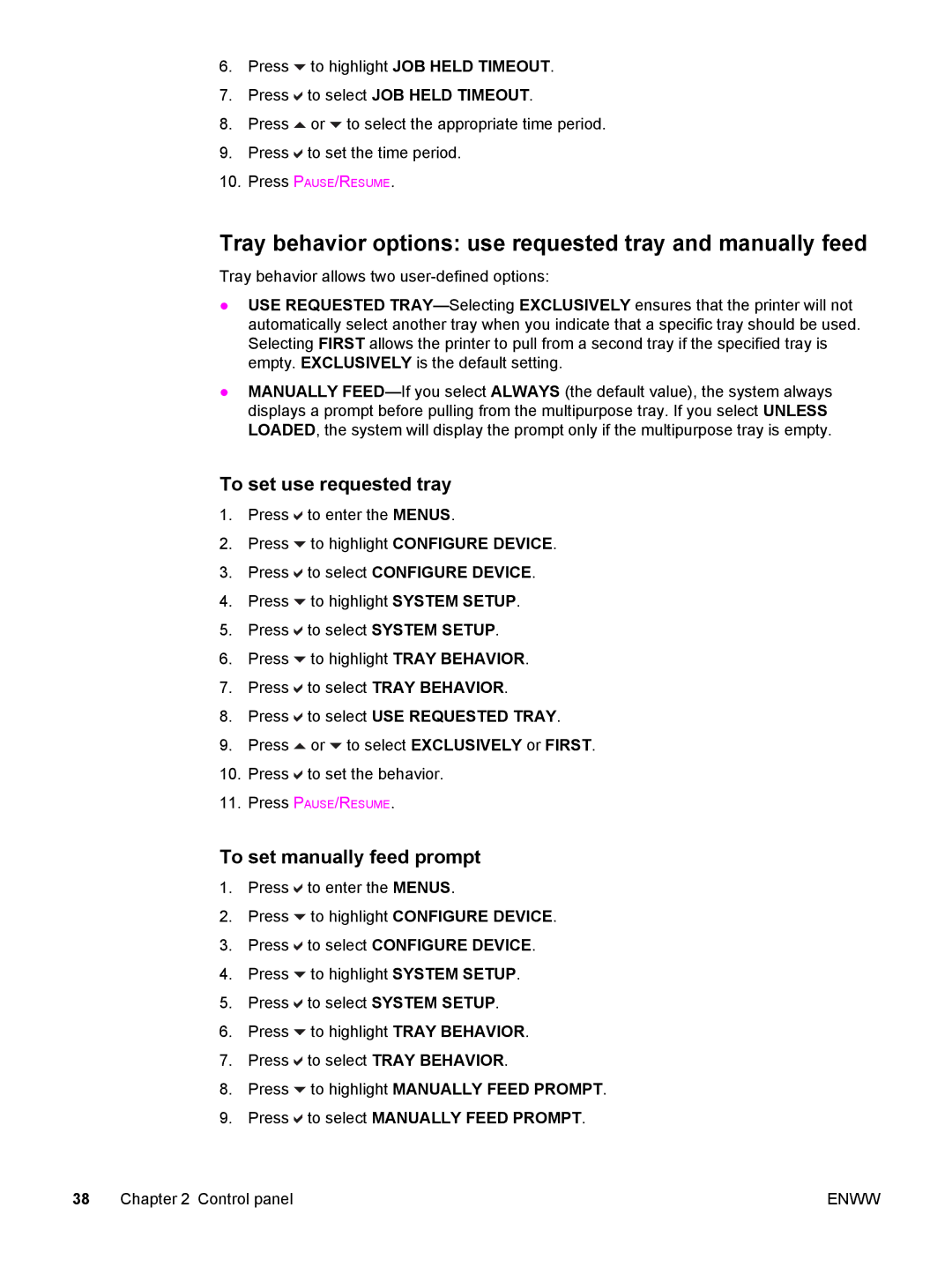 HP 5500 Tray behavior options use requested tray and manually feed, To set use requested tray, To set manually feed prompt 