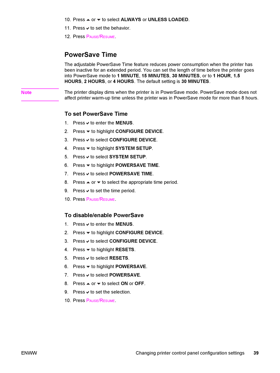 HP 5500 manual To set PowerSave Time, To disable/enable PowerSave, Or to select Always or Unless Loaded 