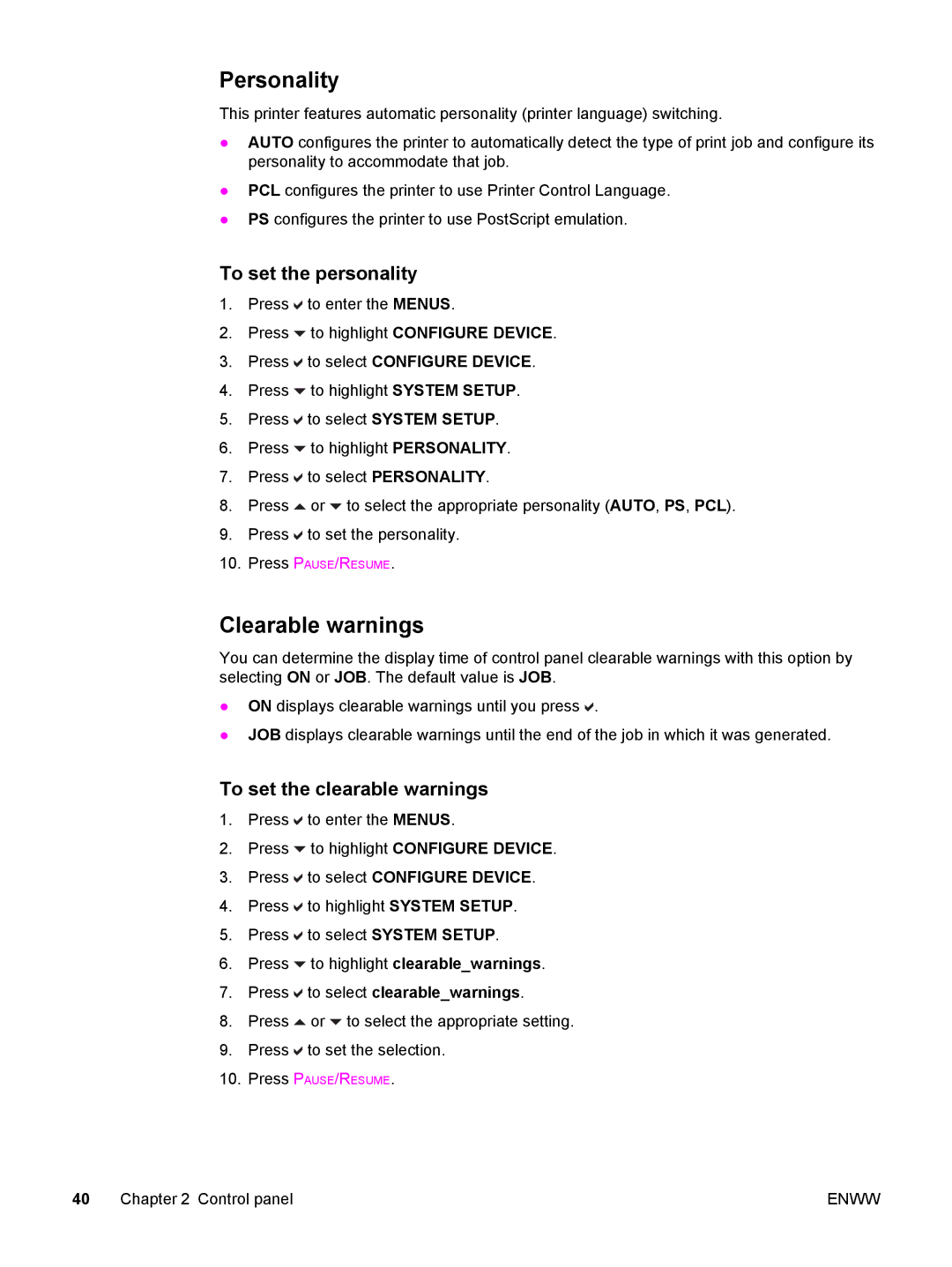 HP 5500 manual Personality, Clearable warnings, To set the personality, To set the clearable warnings 