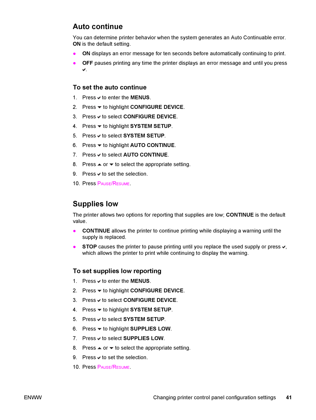 HP 5500 manual Auto continue, Supplies low, To set the auto continue, To set supplies low reporting 