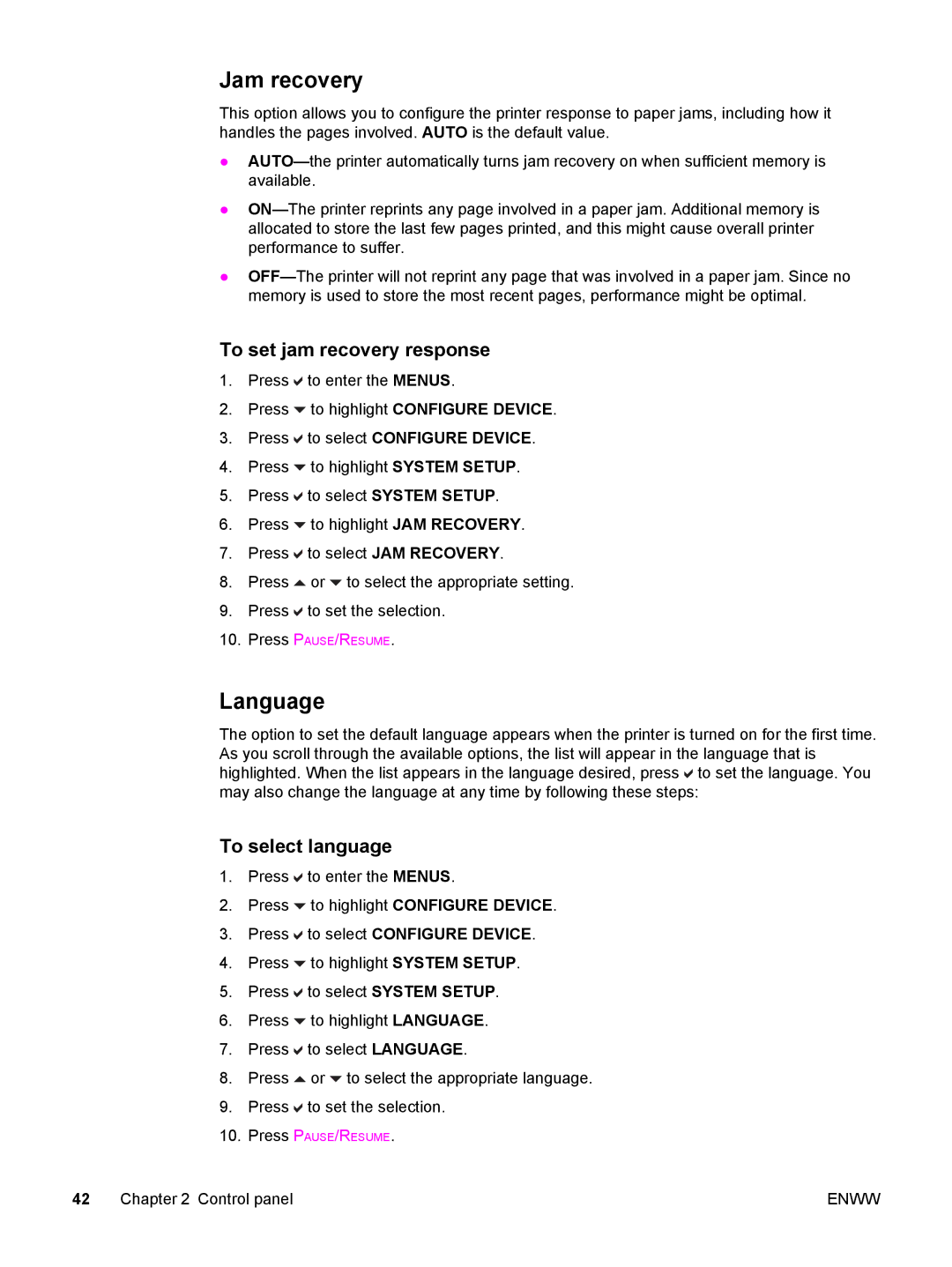 HP 5500 manual Jam recovery, Language, To set jam recovery response, To select language 