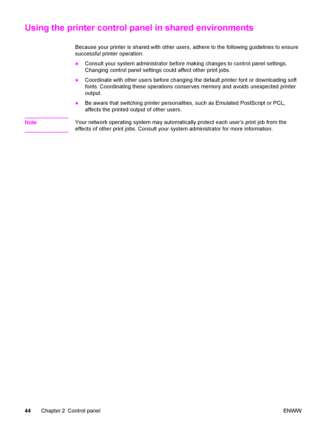 HP 5500 manual Using the printer control panel in shared environments 