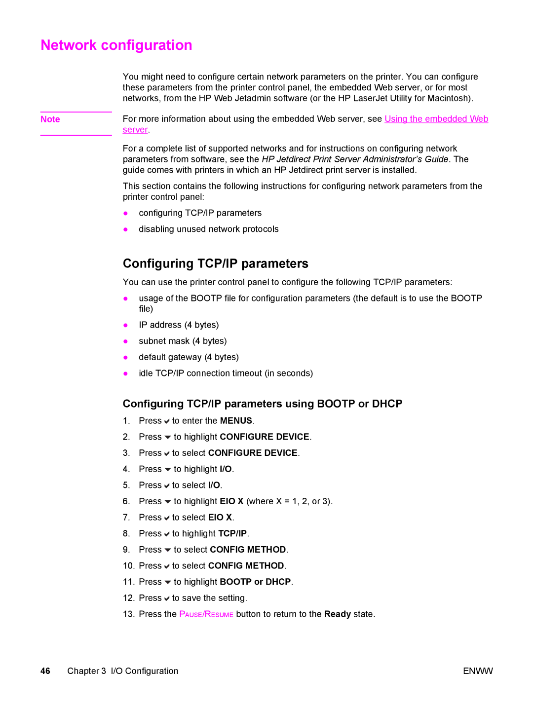 HP 5500 manual Network configuration, Configuring TCP/IP parameters using Bootp or Dhcp 