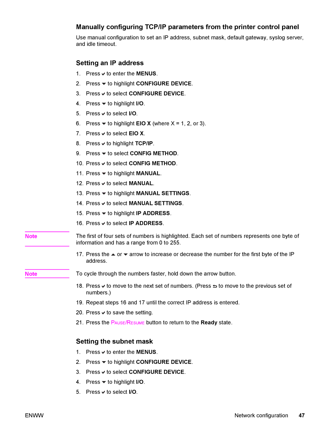 HP 5500 manual Setting an IP address, Setting the subnet mask 